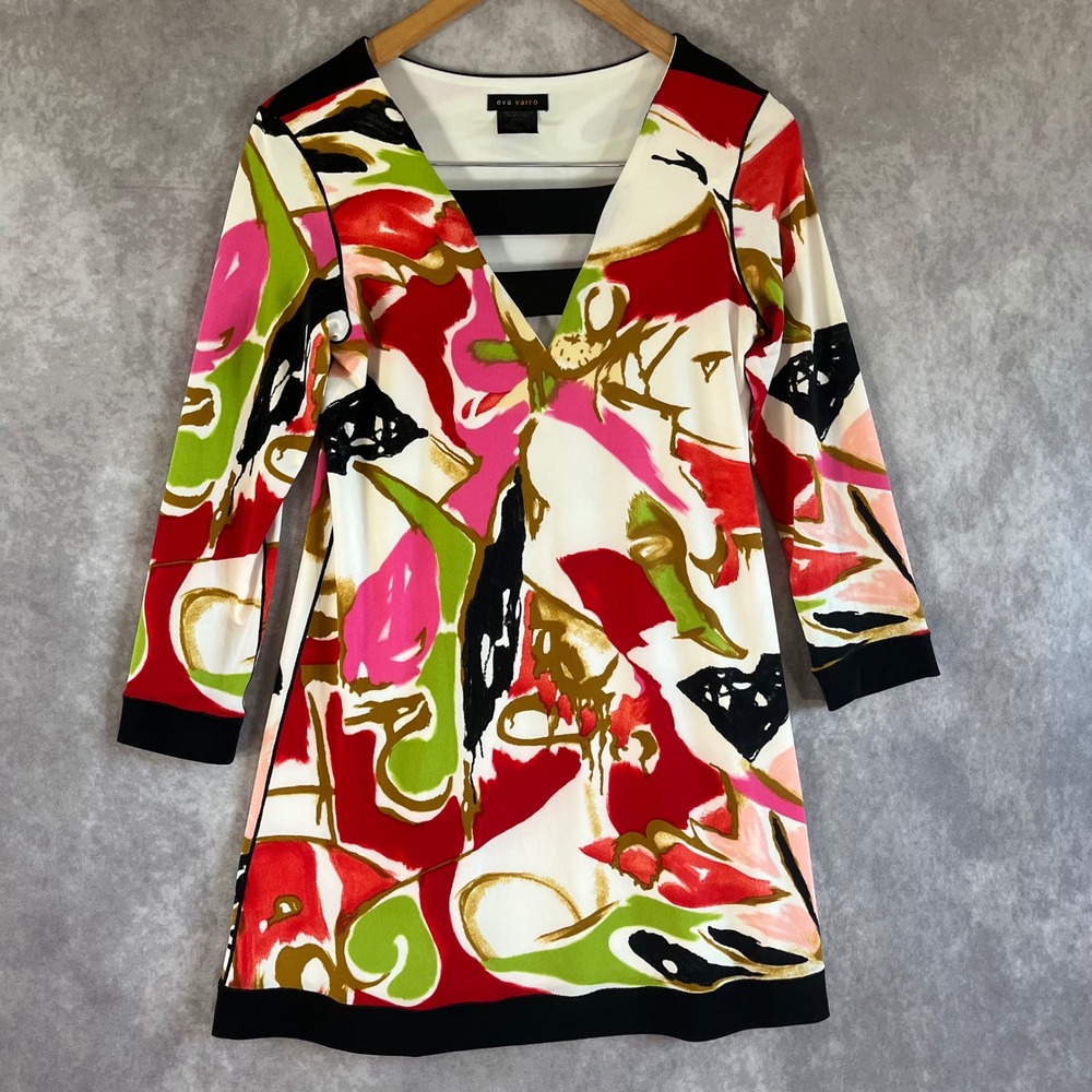 Eva Varro Tunic Dress Women S Multi Abstract V-Neck 3/4 Sleeve Handcrafted USA